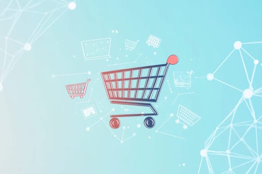 Creative collage depicting online shopping using shopping cart icon and network image on light blue background