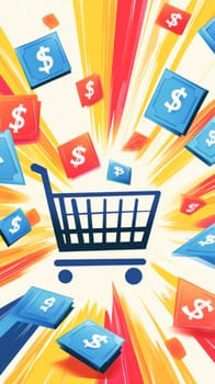 Shopping cart is surrounded by flying dollar bills on a colorful background, representing the concept of spending money
