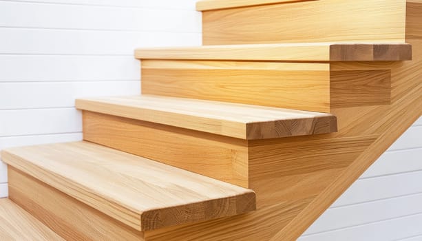 Close up of wooden staircase structure with white wall paneling in modern home interior