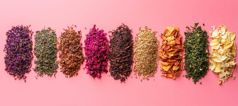 Colorful assortment of dry tea leaves is lined up on a pink background