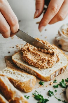 Hands are spreading chicken liver pate on a slice of bread during food preparation