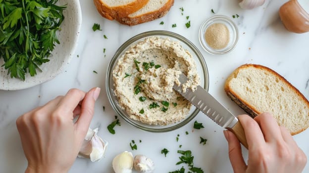 Chef is spreading vegan garlic and herb cream cheese on a slice of bread, perfect for an appetizer or snack