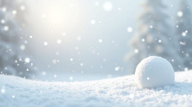 Single snowball sits on a snow covered field while snow falls in the background