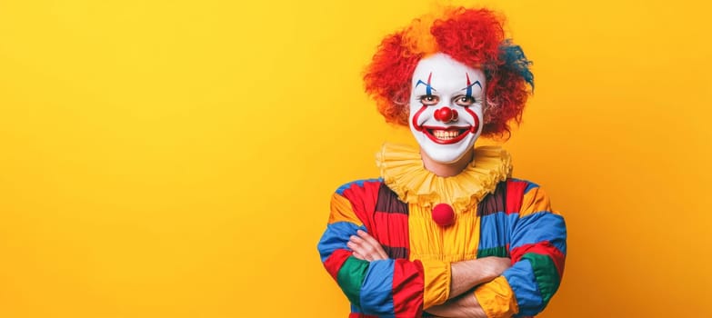 Clown is smiling with folded arms in front of a colorful background