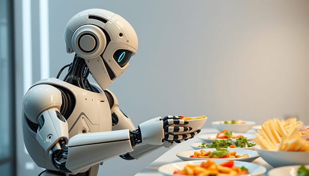 A close-up shot of a futuristic white robot with black accents serving food on a table. The robot's hand is holding a white bowl with food. There are other bowls of food on the table, including salad and french fries. The image can be used to illustrate concepts related to technology, automation, artificial intelligence, future, and dining. It can also be used for advertising, marketing, and editorial purposes.,