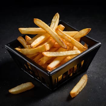 A close-up shot of a basket filled with golden-brown crispy french fries. The fries are arranged in a visually appealing manner, showcasing their texture and deliciousness. The black background and basket add a touch of sophistication to the image. This image is perfect for food blogs, restaurants, or any project related to fast food, snacks, or comfort food. It can also be used for advertising or promotional materials for french fries or potato products.,