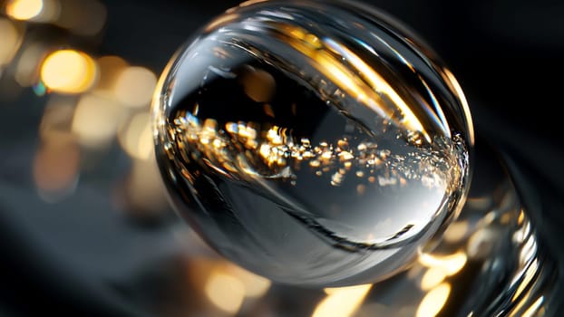 Captivating crystal ball reflects golden bokeh lights, evoking elegance and magic in a luxurious composition