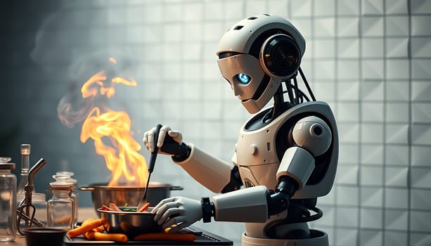 A white humanoid robot stands in a modern kitchen, preparing food with a large flame behind it. It's stirring a pot of food with a ladle while other ingredients sit beside it. The robot is wearing a metal wristband and has a blue light emanating from its eyes. This image represents the future of food preparation with AI and robotics. It's ideal for concepts of automation, technology, and the future of food. ,
