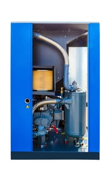 Modern blue air compressor with open doors, showcasing its internal components, ready for industrial applications