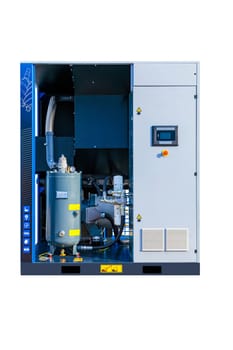 Powerful air compressor unit with visible internal components, highlighting its industrial design and functionality