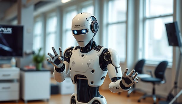 A white humanoid robot with glowing blue eyes stands in an office setting, its hands outstretched in a welcoming gesture. The robot's sleek design and advanced technology suggest a future where automation and artificial intelligence play a significant role. This image is perfect for concepts related to robotics, AI, technology, innovation, and the future of work. Use it for website banners, articles, presentations, and more.,