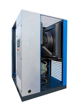 Industrial air compressor with open panel revealing its powerful internal components, isolated on white background
