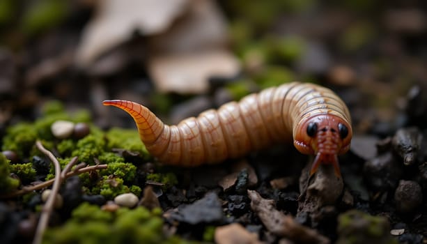 A detailed close-up photograph of a large grub, possibly a beetle larva, crawling on a forest floor. The grub is segmented and has a dark head with prominent eyes. The background features a blurred view of green moss, brown leaves, and dark soil. This image could be used for educational purposes, illustrating the life cycle of insects, or for artistic purposes, showcasing the intricate details of nature.
