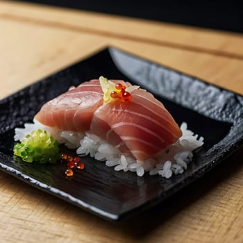 A close-up of a single piece of tuna nigiri sushi, garnished with caviar, wasabi and a sprig of green onion. The sushi is on a black plate with a wooden background. This image is perfect for illustrating sushi, Japanese cuisine, or gourmet food. It can also be used for food blogs, restaurant menus, or advertising campaigns for sushi restaurants. ,