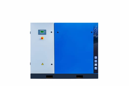 Modern blue air compressor with digital control panel, standing on a wooden pallet, isolated on white background