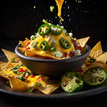 A mouthwatering close-up of nachos loaded with melted cheese, jalapeno peppers, and other toppings. The cheese is dripping from the nachos and a few jalapeno slices are scattered around. This image is perfect for advertising, food blogs, or restaurant menus.