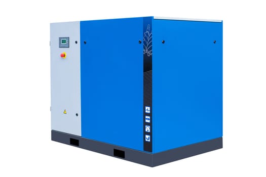 Powerful blue air compressor standing on a pallet, essential equipment for generating compressed air in industrial settings