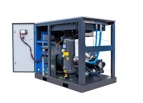 Industrial air compressor unit with open electrical panel revealing internal components, wires, and connections, isolated on white