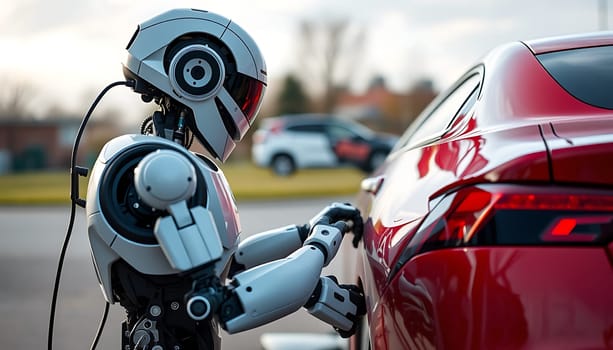 A futuristic robot with a white and black exterior is shown charging a red electric car. The robot's hand is connected to the car's charging port, and the charging cable is visible. The image is set against a blurred background of a suburban street, creating a sense of anticipation and excitement for the future of transportation. The image can be used for various purposes, such as illustrating articles about electric vehicles, artificial intelligence, and the future of technology. It can also be used for promotional materials for automotive companies, technology companies, and other businesses interested in showcasing the future of transportation.