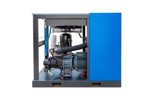 Modern screw air compressor isolated on white background, showcasing its internal mechanics and blue side panel