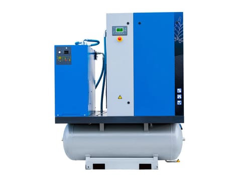 Powerful industrial air compressor unit featuring a control panel and storage tank, ideal for various applications