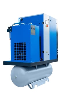 Modern blue air compressor with dryer and tank, isolated on white background, representing industrial power and efficiency