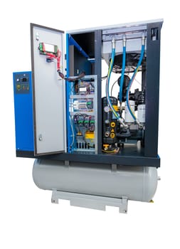 Powerful air compressor unit with open cabinet revealing complex internal mechanics and electrical wiring, isolated on white