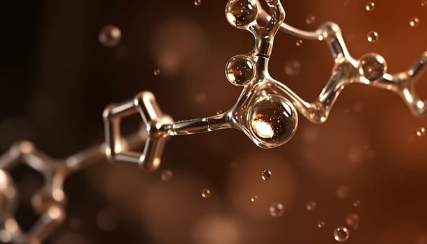 A captivating abstract image showcasing a intricate molecule structure composed of interconnected spheres and rods. The molecule is rendered in a metallic gold finish, adding a luxurious and elegant touch. The spheres are highlighted by a soft golden glow, suggesting movement and energy. The background features a subtle brown gradient, providing a sense of depth and creating a visually appealing contrast against the golden molecule. This image is perfect for illustrating scientific concepts, technology, or the beauty of the microscopic world. It can be used for a wide range of applications, including website banners, presentations, brochures, and social media posts, adding a touch of sophistication and intrigue.