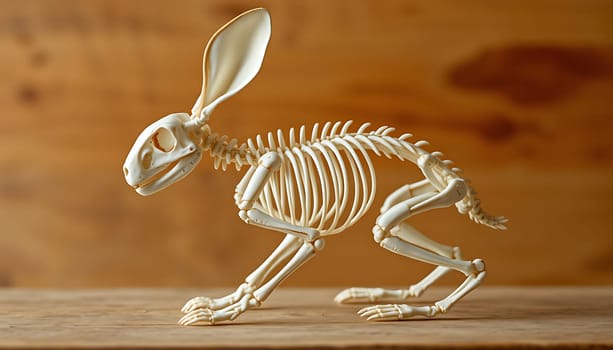 A detailed and realistic rabbit skeleton posed in a running position on a wooden surface. This high-quality image is perfect for anatomy, biology, and educational purposes, as well as creative projects and Halloween designs. The close-up shot captures the intricate details of the bones, creating a visually striking image with a sense of both fragility and strength. The warm brown background provides a natural and inviting setting for the skeleton.,