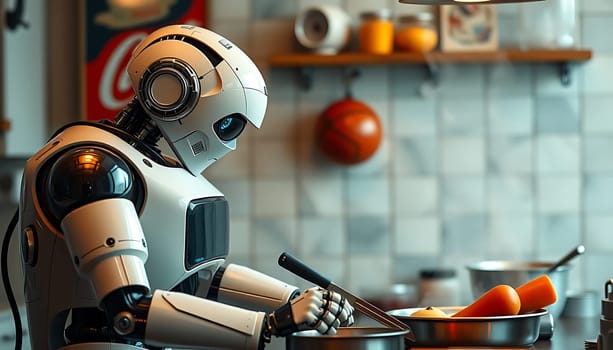 A futuristic robot chef prepares a meal in a modern kitchen. The robot is white and metallic, with a blue eye and detailed features. It holds a knife in one hand and a cutting board in the other. The robot's reflection in the pot is a striking detail, showcasing its advanced technology. The image conveys a sense of innovation and the possibilities of artificial intelligence in the culinary world. This stock image is perfect for illustrating articles about robotics, artificial intelligence, future technology, or kitchen appliances. It can also be used in advertising campaigns for culinary brands or showcasing futuristic kitchen designs.,