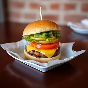A mouthwatering closeup of a cheeseburger with melted cheese, tomato, lettuce, and a juicy patty, all nestled in a soft bun. The burger is sitting on a white plate, and the image is perfect for use in advertising or marketing materials related to food, restaurants, or fast food. The vibrant colors and close-up perspective create a sense of appetizing freshness and appeal.