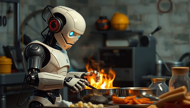 A futuristic robot chef in a modern kitchen is cooking with fire. The robot is dressed in a white and black outfit and has a sleek, futuristic design. The image is perfect for illustrating the future of cooking, automation, and robotics. It can be used in articles, presentations, and marketing materials related to technology, food, and artificial intelligence.,