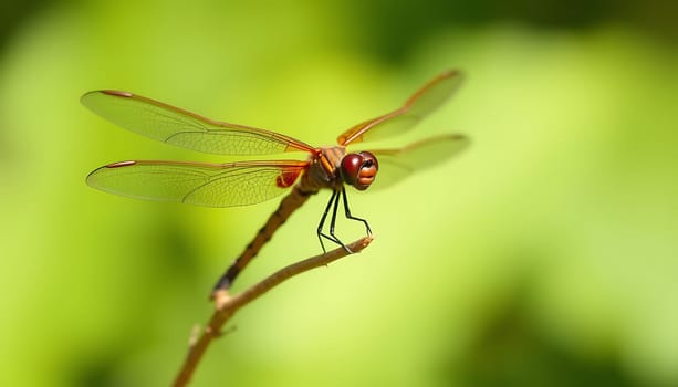 A close-up photograph of a dragonfly perched on a branch against a blurred green background. The dragonfly's wings are spread out, showcasing their intricate patterns and veins. The image captures the delicate beauty and intricate details of this fascinating insect. Ideal for nature, wildlife, and insect-themed projects, as well as designs that require a touch of serenity and natural beauty.,