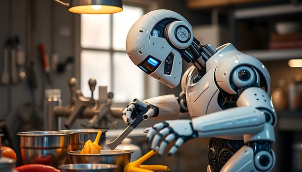 A futuristic robot chef prepares a meal in a modern kitchen. The robot is white with blue lights in its eyes and has articulated limbs. It is holding a knife in its right hand and is preparing a meal in a bowl. There is a bowl of tomatoes and peppers in the foreground, and a rack of kitchen tools is visible in the background. This image is perfect for illustrating concepts of artificial intelligence, technology, and the future of food. It can also be used for ads, blogs, social media, and other marketing materials related to these topics.,