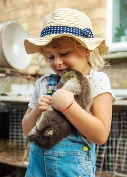 Child with ducklings on a farm. Selective focus. Kid.