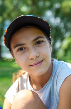 Child girl on a picnic in the park. Selective focus. kid.