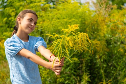 Child in ragweed flowers allergy. Selective focus. Kid.