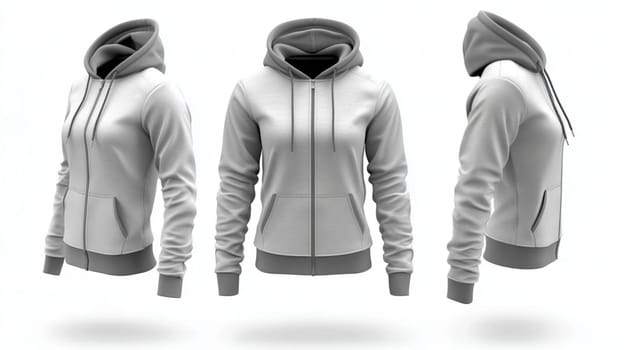 Four views of a female mannequin wearing a blank white hoodie, perfect for showcasing your apparel designs. The mannequin has her hair tied up in two buns