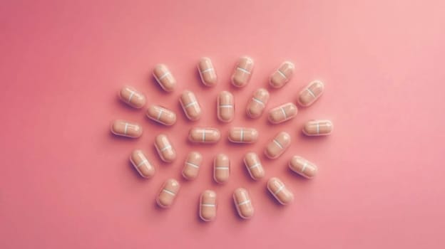 Pink and white pills arranged in circular pattern on soft pink backdrop, conveying pharmaceutical industry and healthcare themes. Suitable for various health related concepts