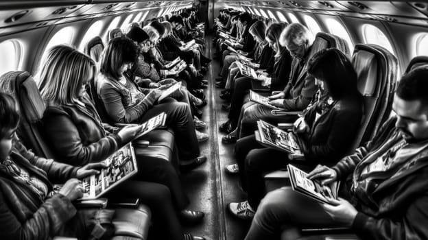 Many airline passengers are reading in flight magazines while sitting in their seats during a flight