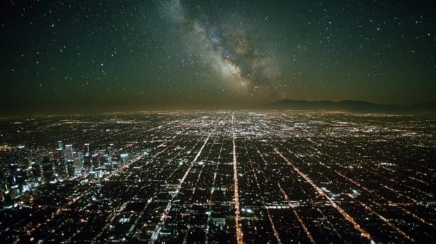 The los angeles skyline is captured at night with the milky way shining brightly above, showcasing the city's lights and the vastness of the universe