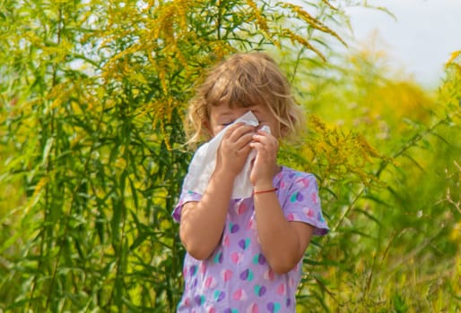 Child in ragweed flowers allergy. Selective focus. Kid.