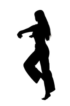 A beautiful silhouette of a woman gracefully dancing on a bright white background, highlighting the elegance of her movements and form
