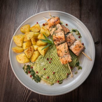 Barbecued salmon skewer with potatoes and broccoli Puree, High quality photo