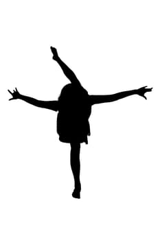 The silhouette of a girl is gracefully standing on one leg with her arms outstretched in an expressive and joyful manner