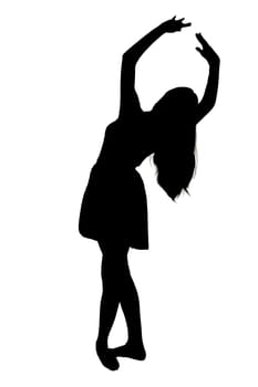 A beautiful silhouette of a graceful woman dancing elegantly and joyfully against a stark white background that enhances her form