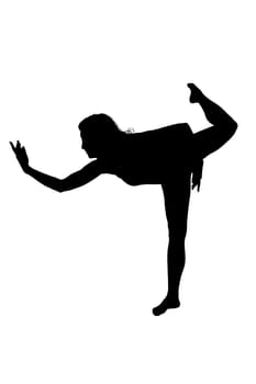 A beautiful silhouette of a graceful woman captured in a yoga pose set against a clean, white background for a striking contrast
