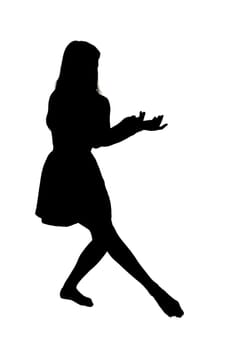 A beautiful silhouette of a graceful woman standing with her hands elegantly outstretched against a clean, bright white background