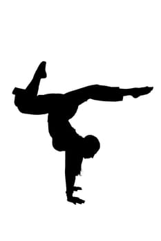 A striking silhouette of an individual gracefully performing a handstand against a bright white background that enhances the visual impact