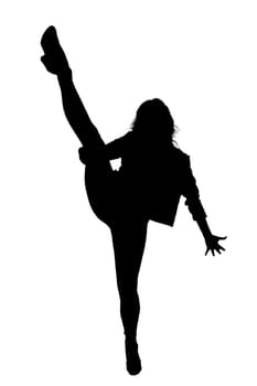 The image depicts a striking silhouette of a woman elegantly performing a split, showcasing her balance and flexibility
